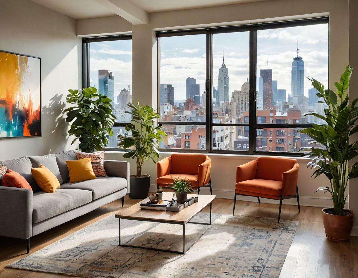 A cozy, modern apartment interior showcasing affordable yet stylish living, with warm lighting, plush furniture, and a view of a vibrant cityscape through large windows. Include elements like potted plants and decorative artworks that exemplify rental living. Capture a sense of comfort and accessibility for potential renters. bright colors. realistic style. inviting atmosphere.