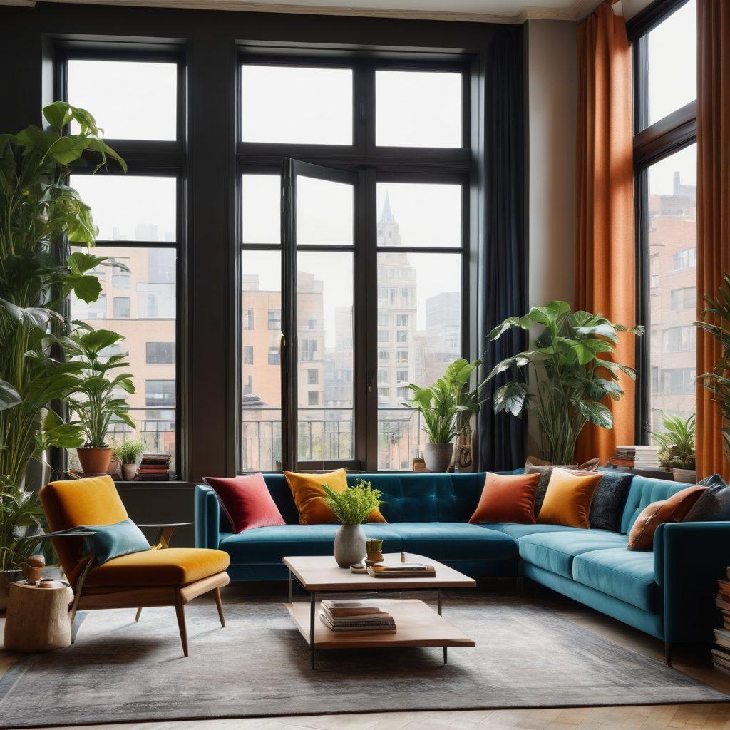 A chic urban apartment interior showcasing a cozy living room with modern furnishings, vibrant houseplants, and artfully arranged decor. Sunlight filters through large windows, highlighting stylish textures like velvet and wood. Include elements like a coffee table with books and plants, and a wall adorned with colorful artwork. The scene conveys a balance of comfort and sophistication, perfect for city living. super-realistic. vibrant colors.