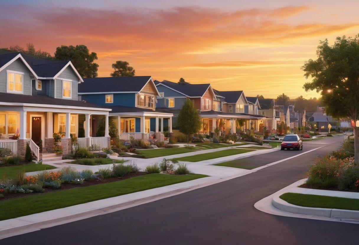 A picturesque scene of a modern suburban neighborhood in Vista, showcasing charming rental properties with well-maintained gardens, and friendly neighbors engaging in community activities like a farmer's market. The background features a vibrant sunset, illuminating the sense of community and warmth. Include details like children playing, pets, and people enjoying outdoor spaces. super-realistic. vibrant colors.